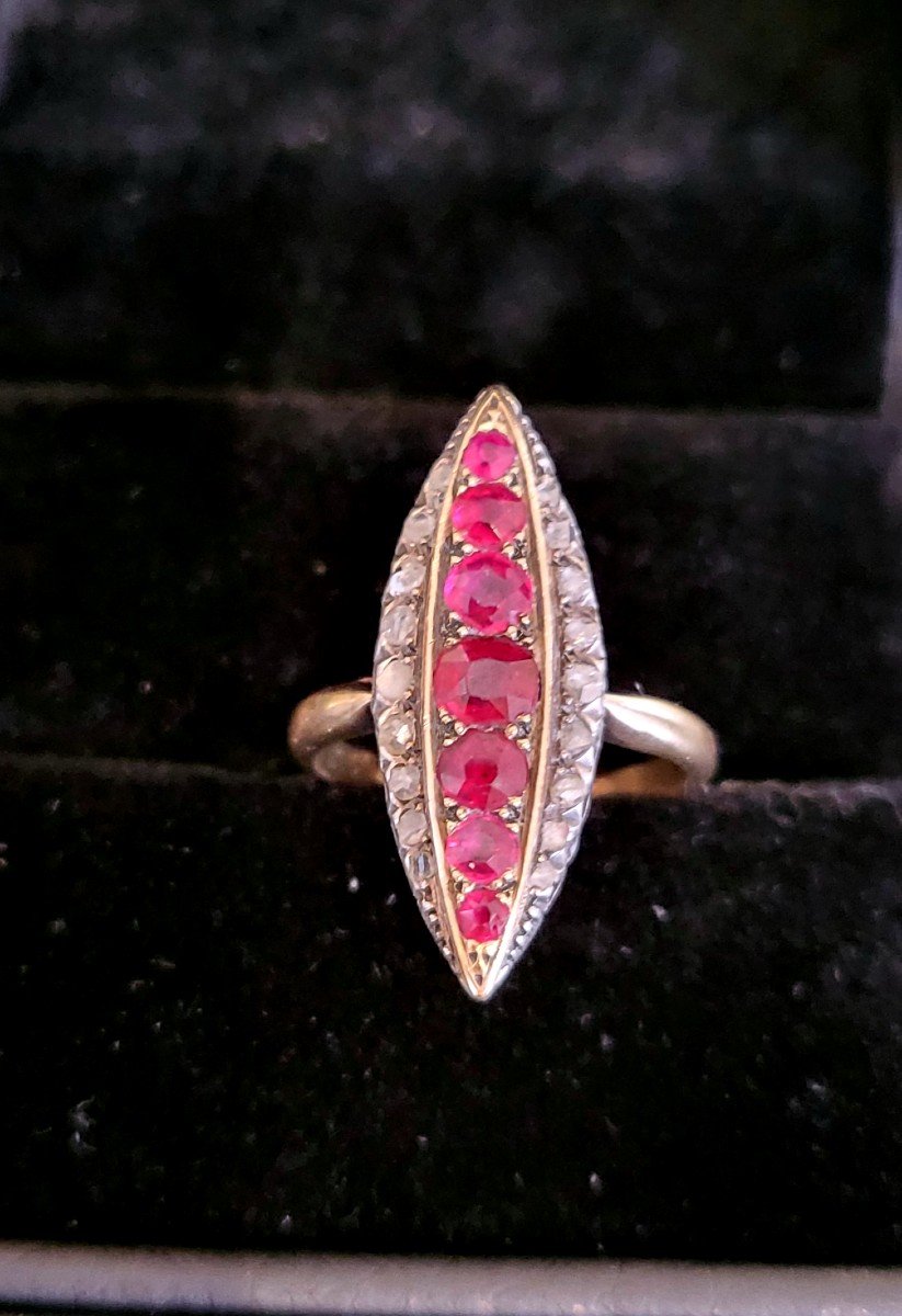 Belle Epoque “navette ” Ring In 18ct Gold, Ruby And Diamonds 