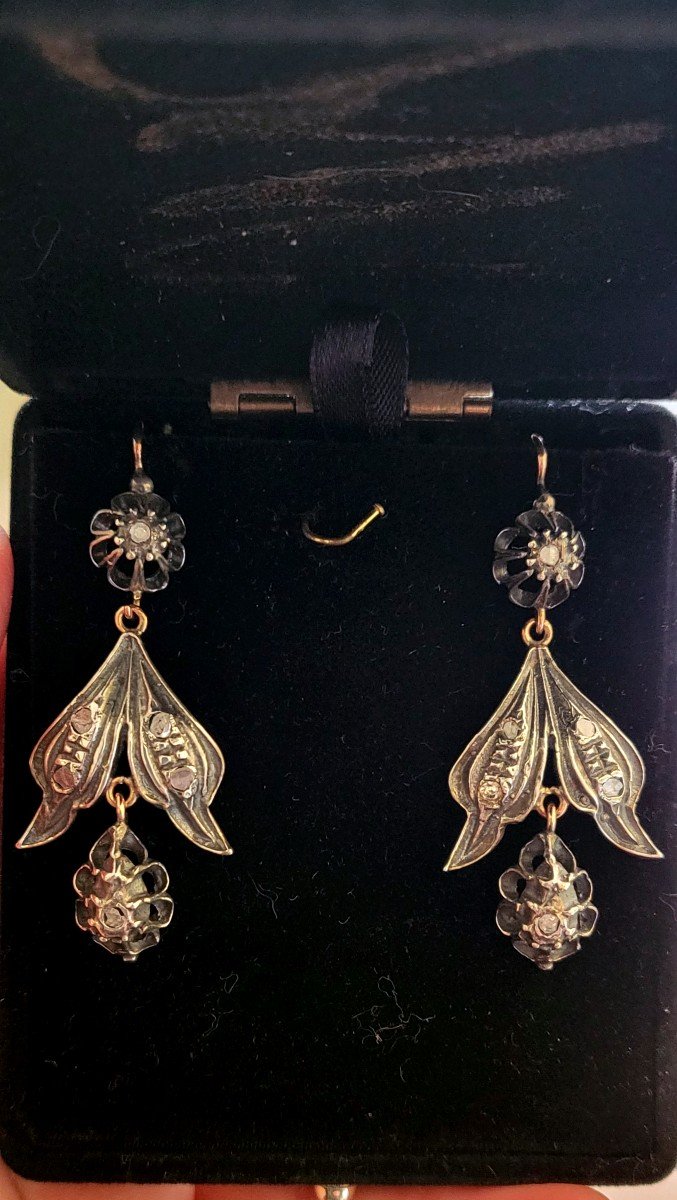 Boucles d'Oreilles Anciennes En Argent Et Or Avec Diamants -photo-4