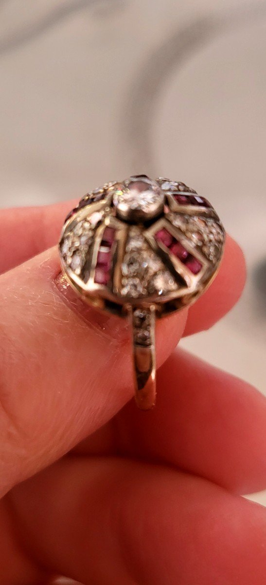 Art Deco Vintage Domed Ring Set With Rubies And Diamonds -photo-2