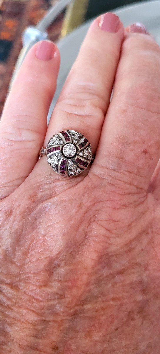 Art Deco Vintage Domed Ring Set With Rubies And Diamonds -photo-3