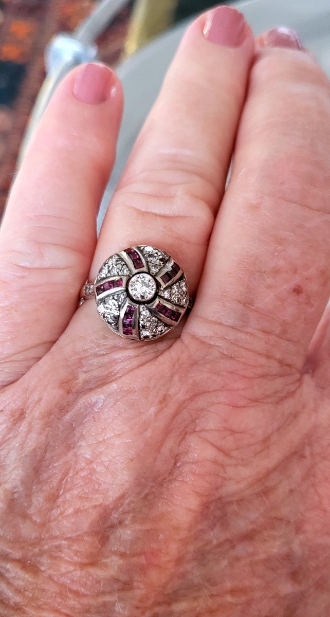 Art Deco Vintage Domed Ring Set With Rubies And Diamonds -photo-2