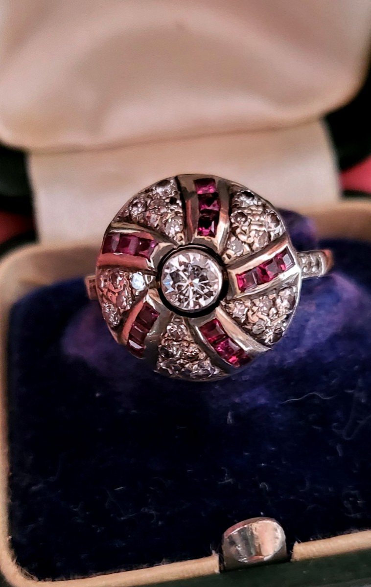 Art Deco Vintage Domed Ring Set With Rubies And Diamonds -photo-5