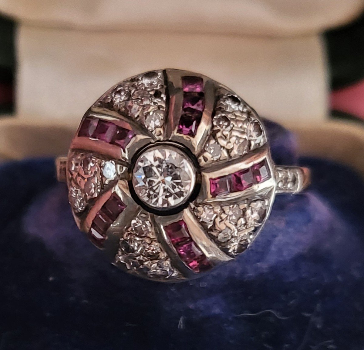 Art Deco Vintage Domed Ring Set With Rubies And Diamonds 