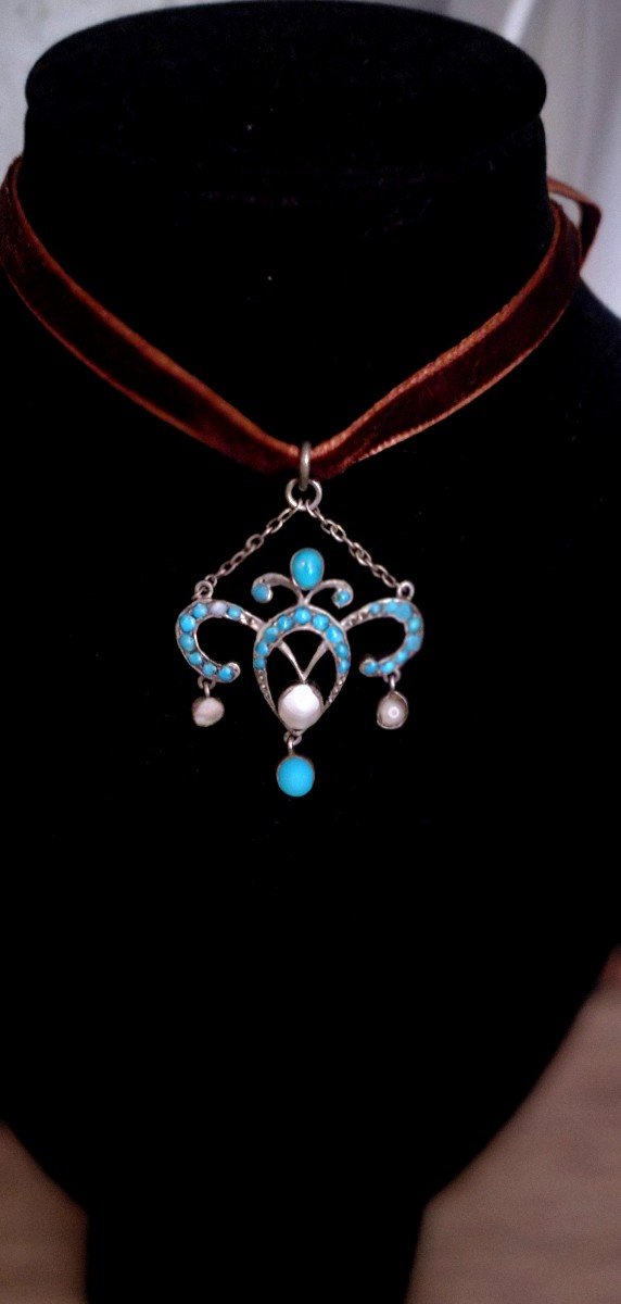 Pendentif Art  Nouveau En Argent Serti Di Turquoise Et De Nacre-photo-2