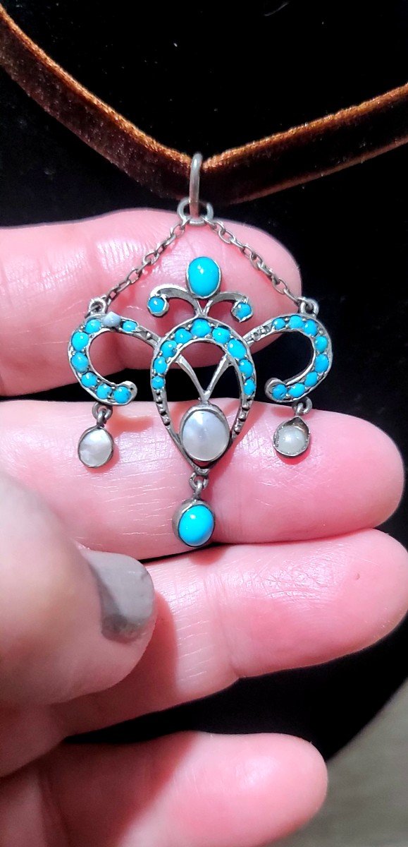 Art Nouveau Pendant In Silver Set With Turquoise And Mother-of-pearl-photo-3