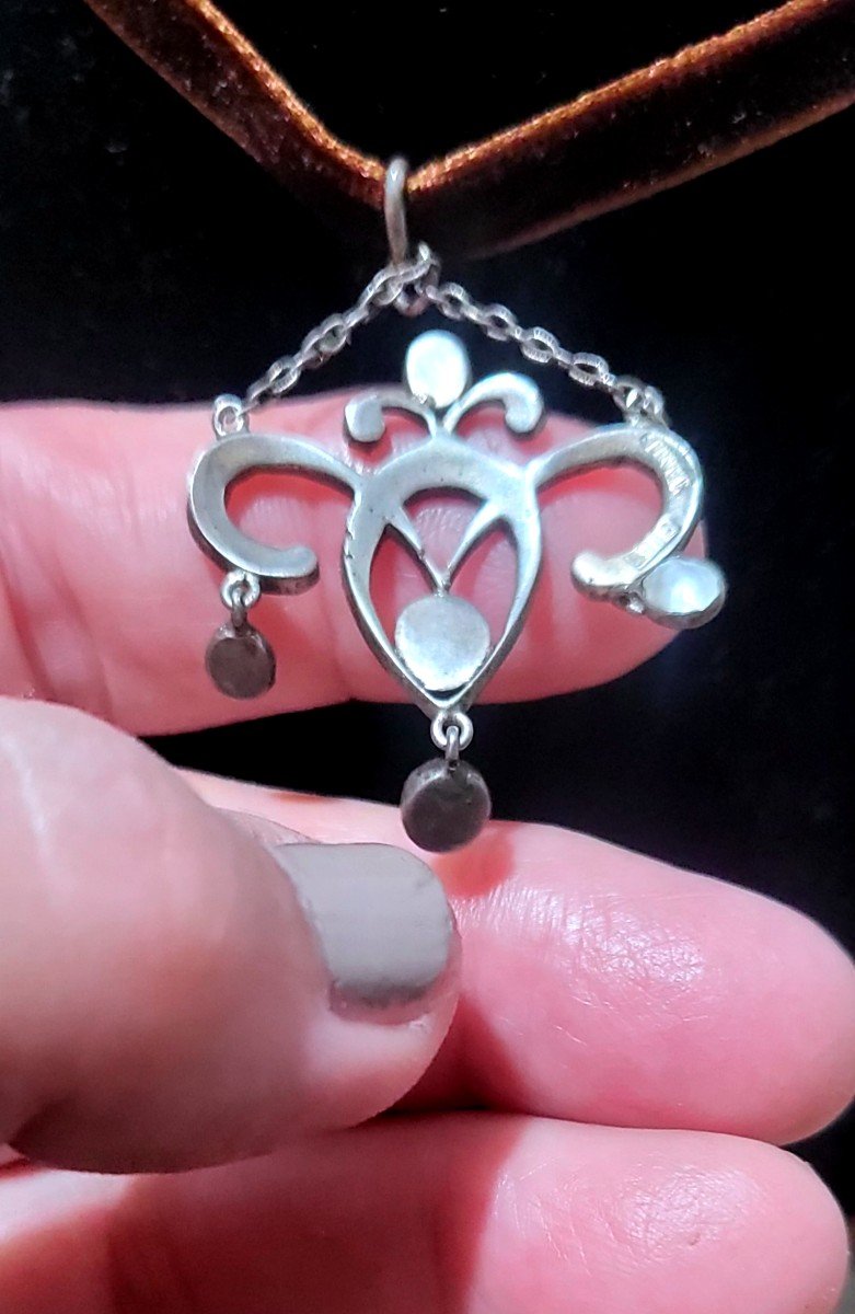 Art Nouveau Pendant In Silver Set With Turquoise And Mother-of-pearl-photo-1