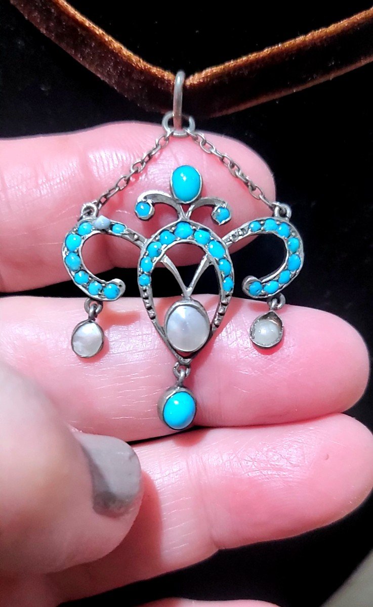 Pendentif Art  Nouveau En Argent Serti Di Turquoise Et De Nacre-photo-2