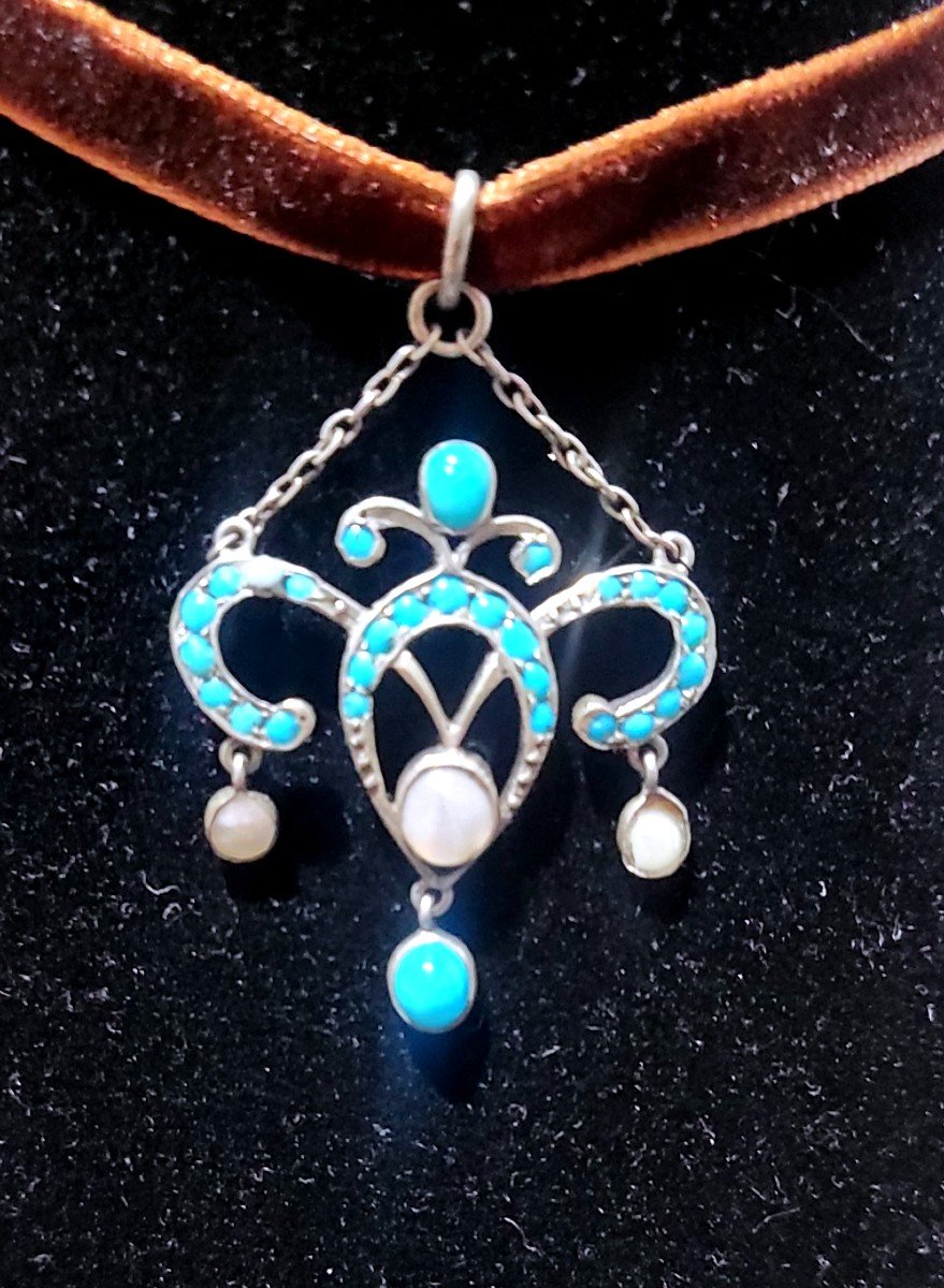 Pendentif Art  Nouveau En Argent Serti Di Turquoise Et De Nacre-photo-3