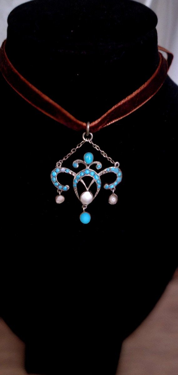 Pendentif Art  Nouveau En Argent Serti Di Turquoise Et De Nacre-photo-4