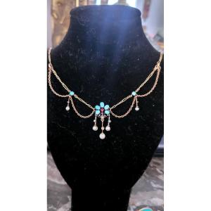 Belle Epoque - Festoon Necklace With Opal, Pearls And A Tourmaline In 9ct Gold