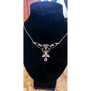 Art Nouveau Necklace In Gold, Amethyst, And Pearls 