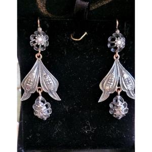 Boucles d'Oreilles Anciennes En Argent Et Or Avec Diamants 