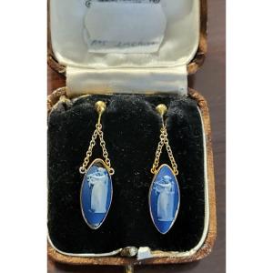 Boucles d'Oreilles Antiques En Or Et Porcelaine 