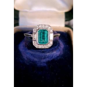 Art Deco Platinum, Emerald And Diamond Ring 