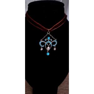 Pendentif Art  Nouveau En Argent Serti Di Turquoise Et De Nacre