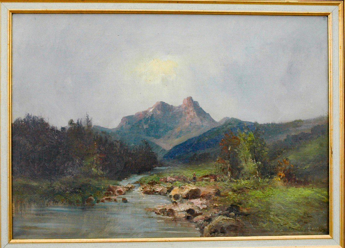 Tableau XIX Paysage de montagne Huile Sur Toile De Godchaux -photo-4