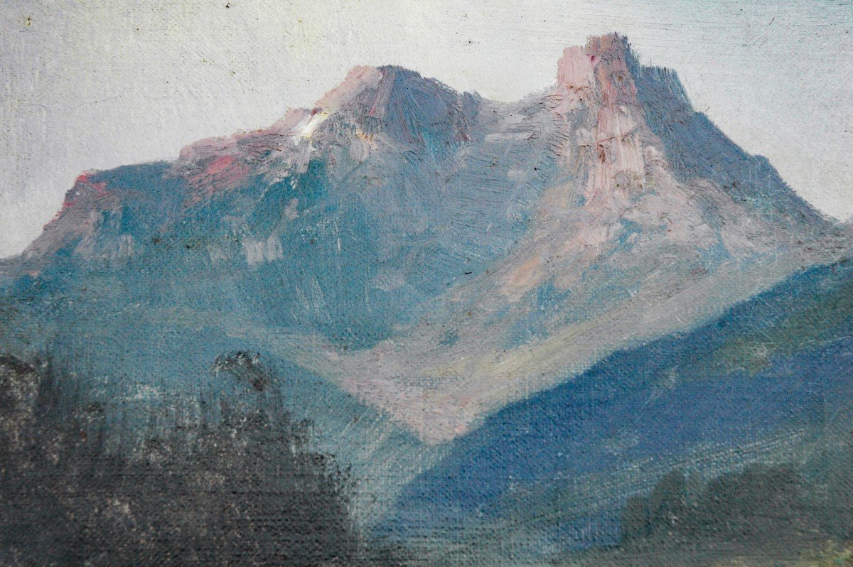 Tableau XIX Paysage de montagne Huile Sur Toile De Godchaux -photo-5