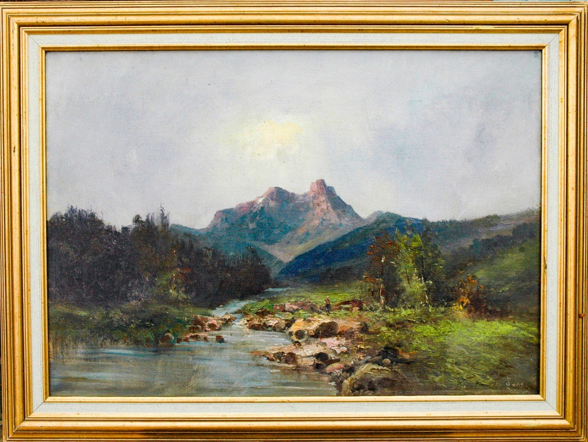 Tableau XIX Paysage de montagne Huile Sur Toile De Godchaux 