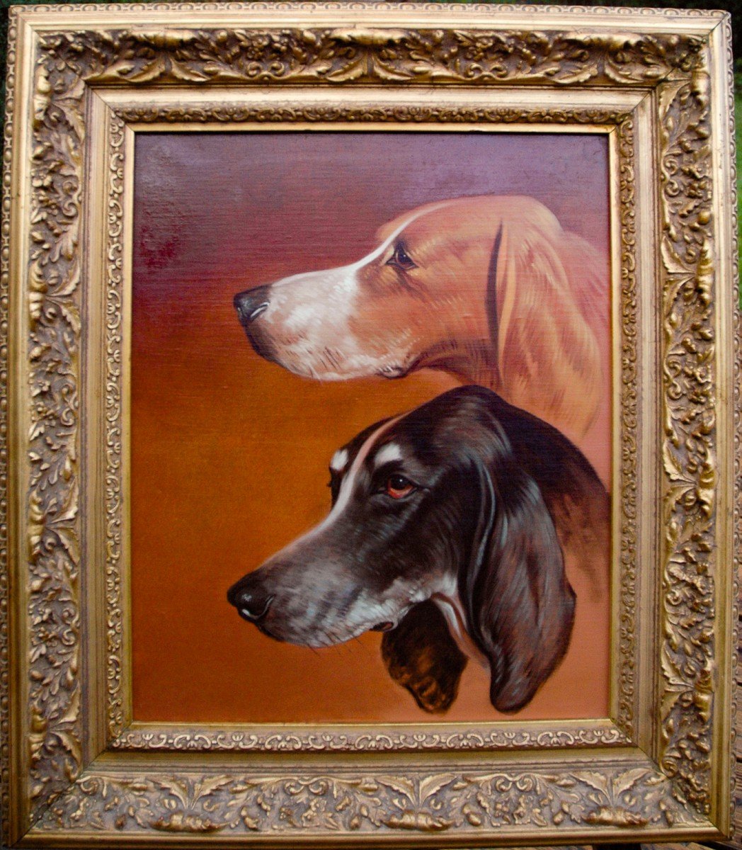 Painting Portrait Of Two English Foxhound Dogs Hst End Of XIX