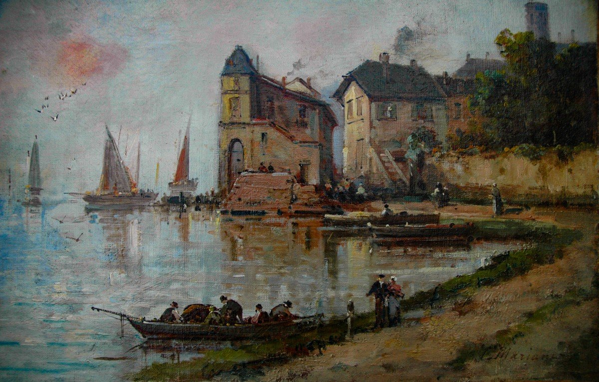 Tableau XIX Hst Scène Portuaire De Gustave Mascart Signé De Son Pseudo Mariani-photo-3