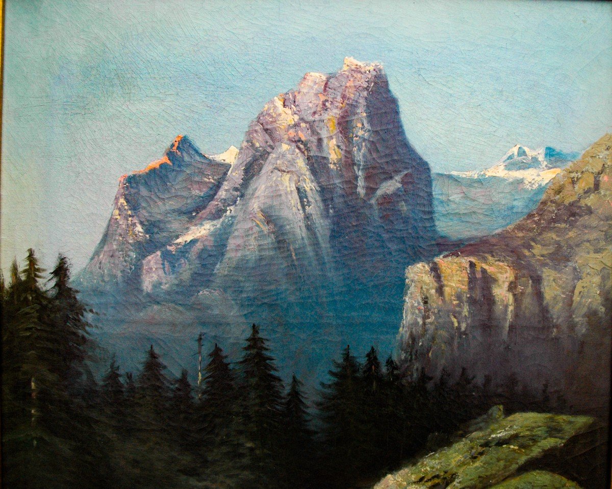 Tableau XIX Huile Sur Toile Représentant Des Montagnes Signé Godchaux-photo-2