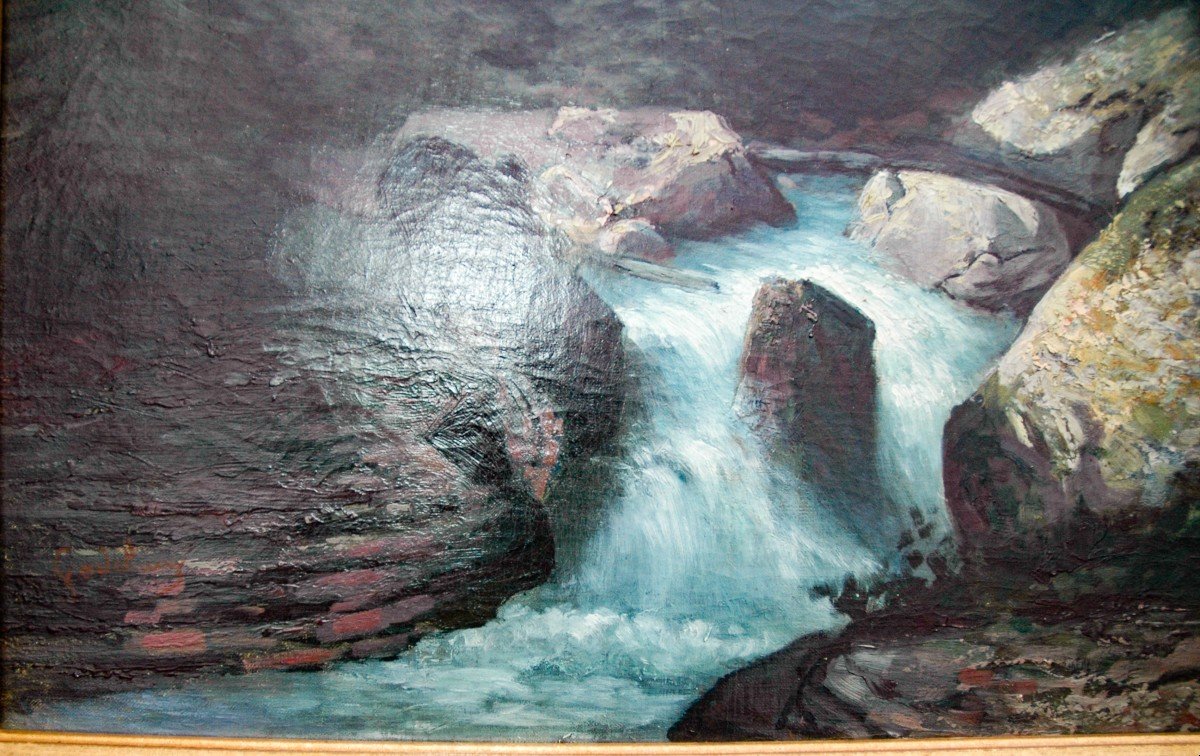 Tableau XIX Huile Sur Toile Représentant Des Montagnes Signé Godchaux-photo-3