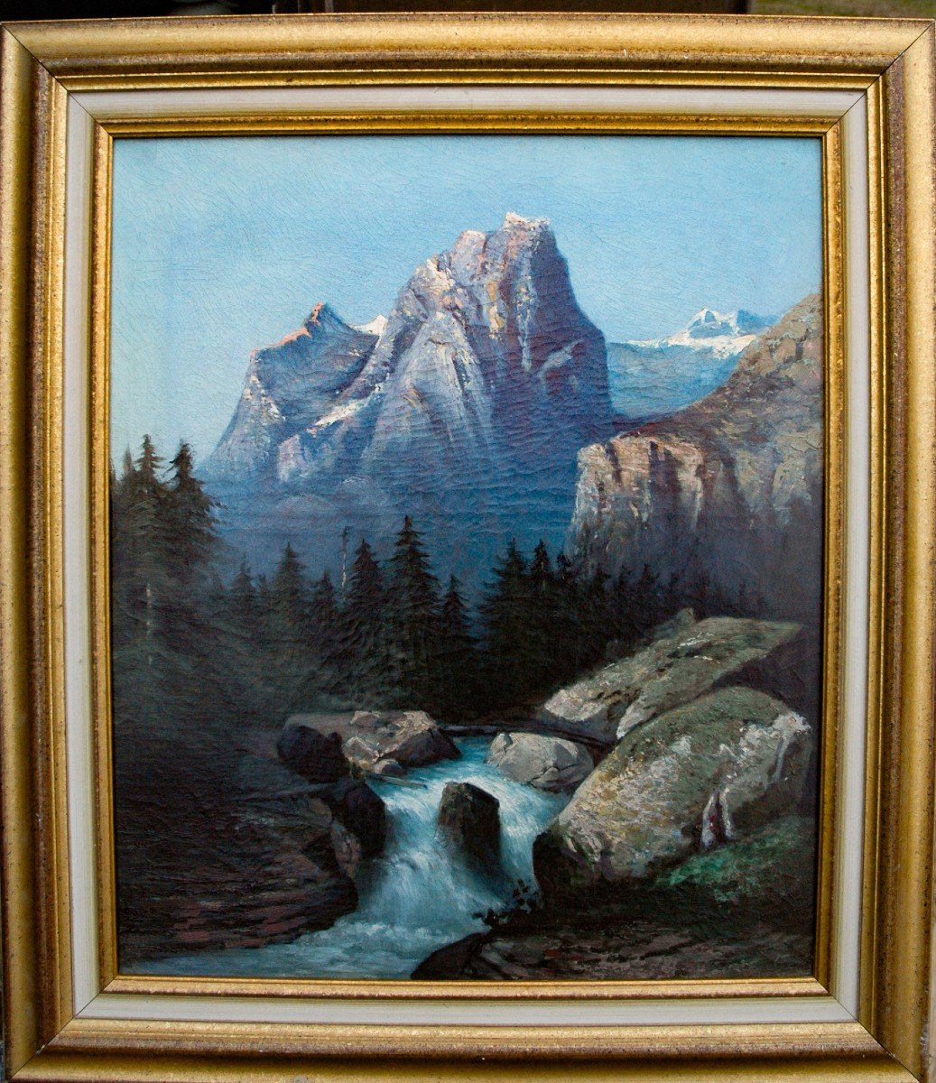 Tableau XIX Huile Sur Toile Représentant Des Montagnes Signé Godchaux