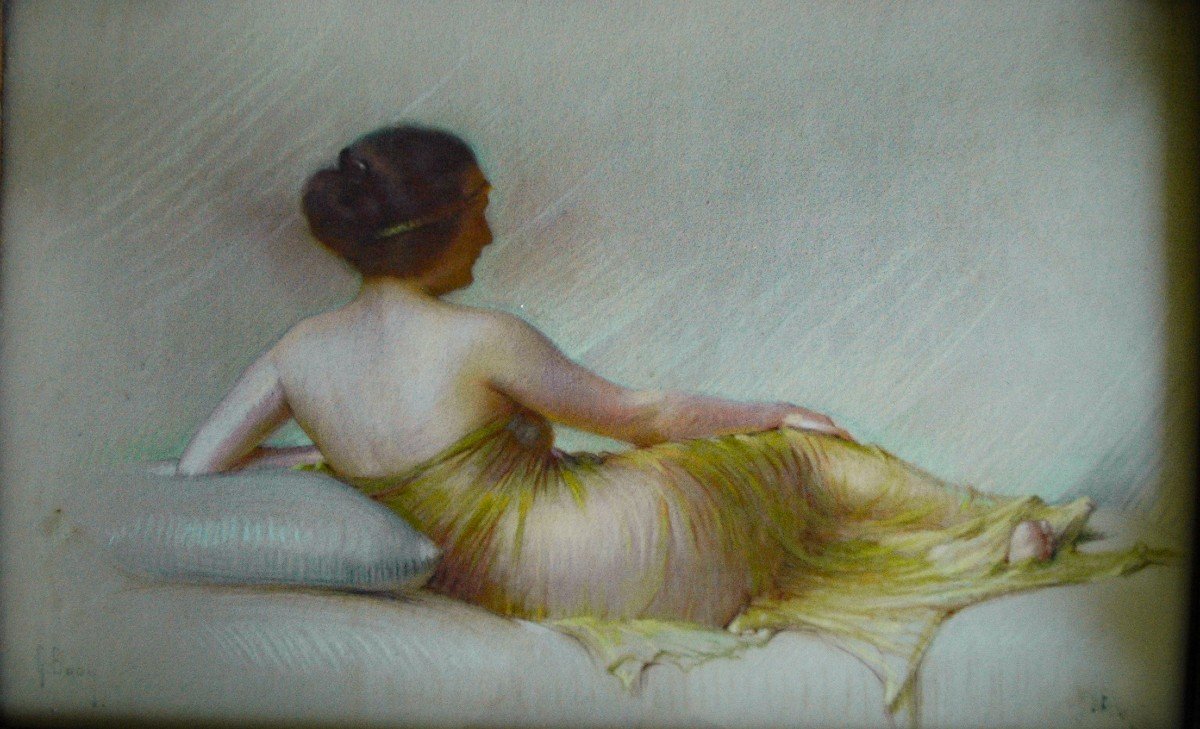 Tableau XIX Pastel Femme Allongée signé Gaston BOUY-photo-4