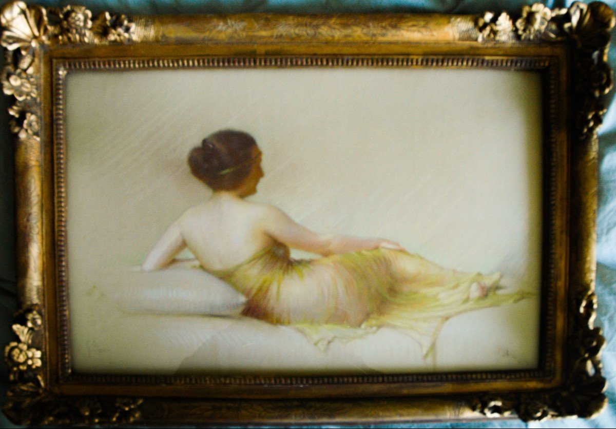 Tableau XIX Pastel Femme Allongée signé Gaston BOUY-photo-4