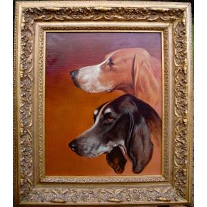 Tableau Portrait De Deux Chiens Foxhound Anglais Hst Fin  XIX