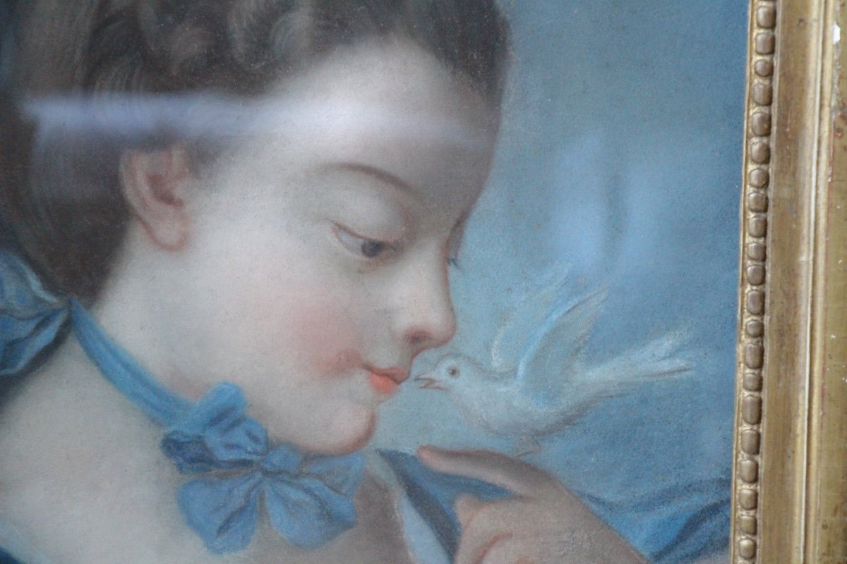 Pastel XVIIIe, Jeune Fille A l'Oiseau-photo-2