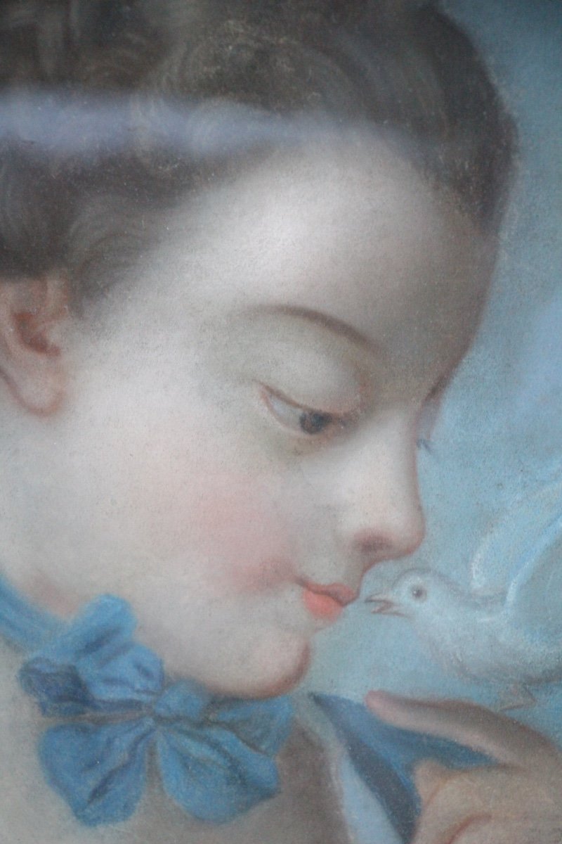 Pastel XVIIIe, Jeune Fille A l'Oiseau-photo-1