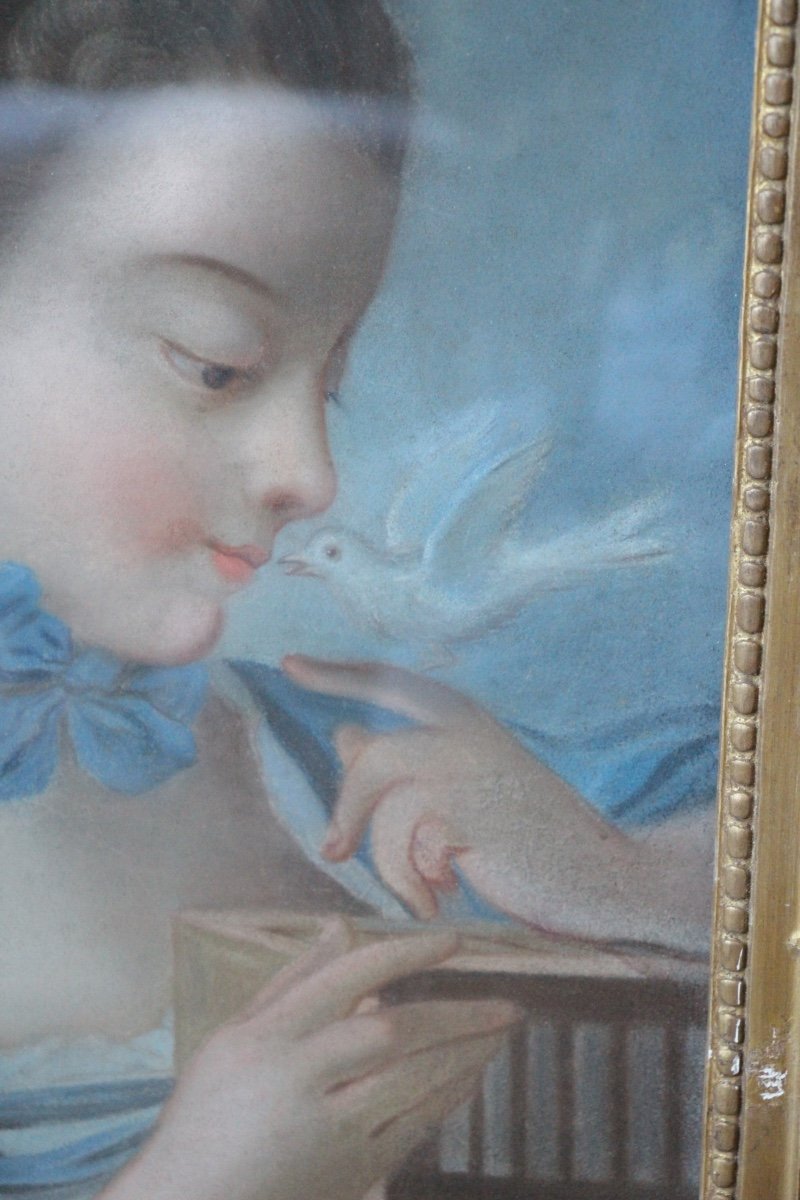 Pastel XVIIIe, Jeune Fille A l'Oiseau-photo-3