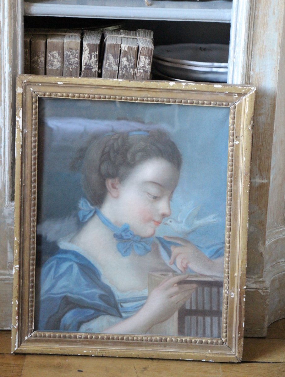 Pastel XVIIIe, Jeune Fille A l'Oiseau