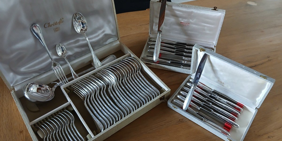 Christofle Cutlery Set Model "ruban Coisé" 61 Pieces In Box