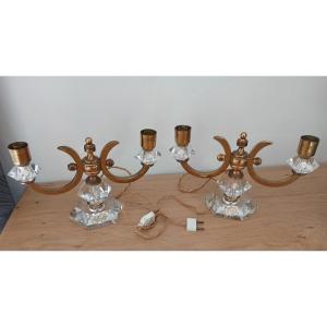 Sevres - Paire De Lampes Bouts De Table En Cristal Et Laiton