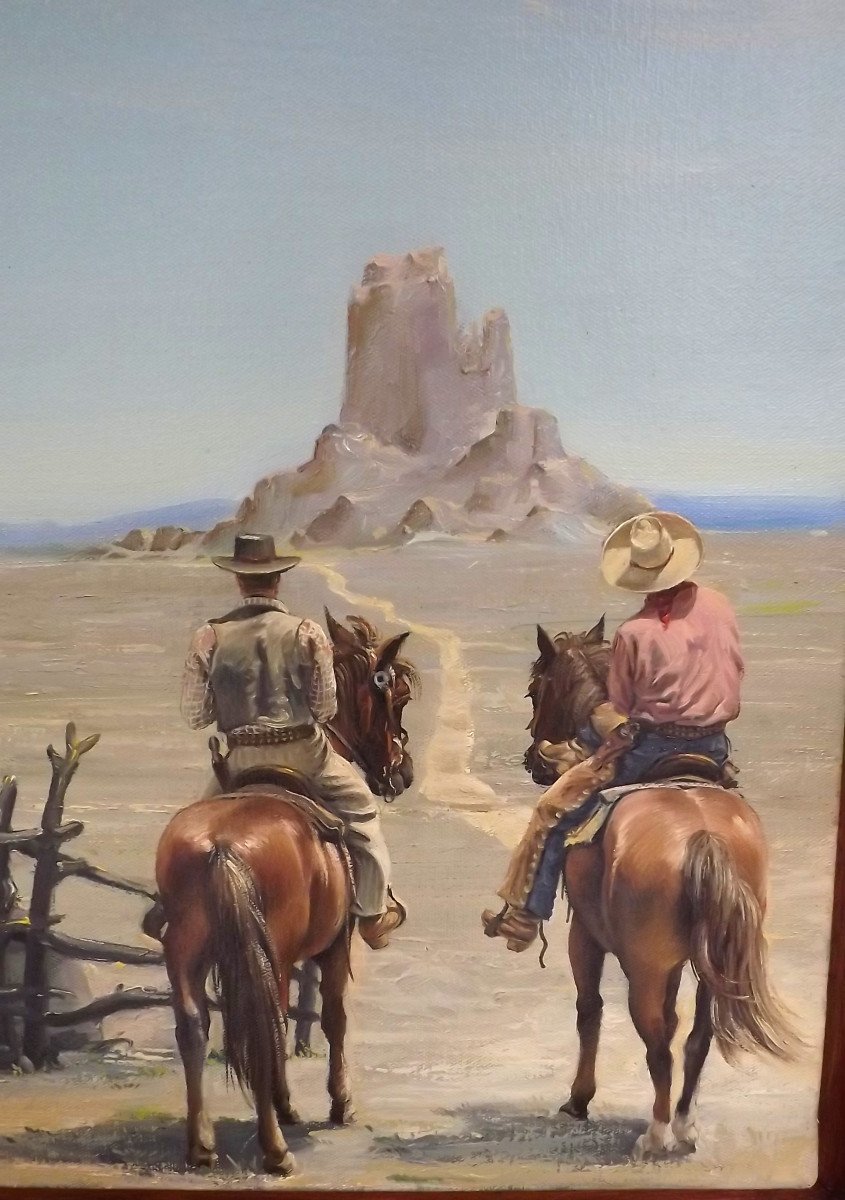 Oil On Canvas Painting By Bruno Schmeltz 2 Cowboys In The Arizona Desert-photo-2