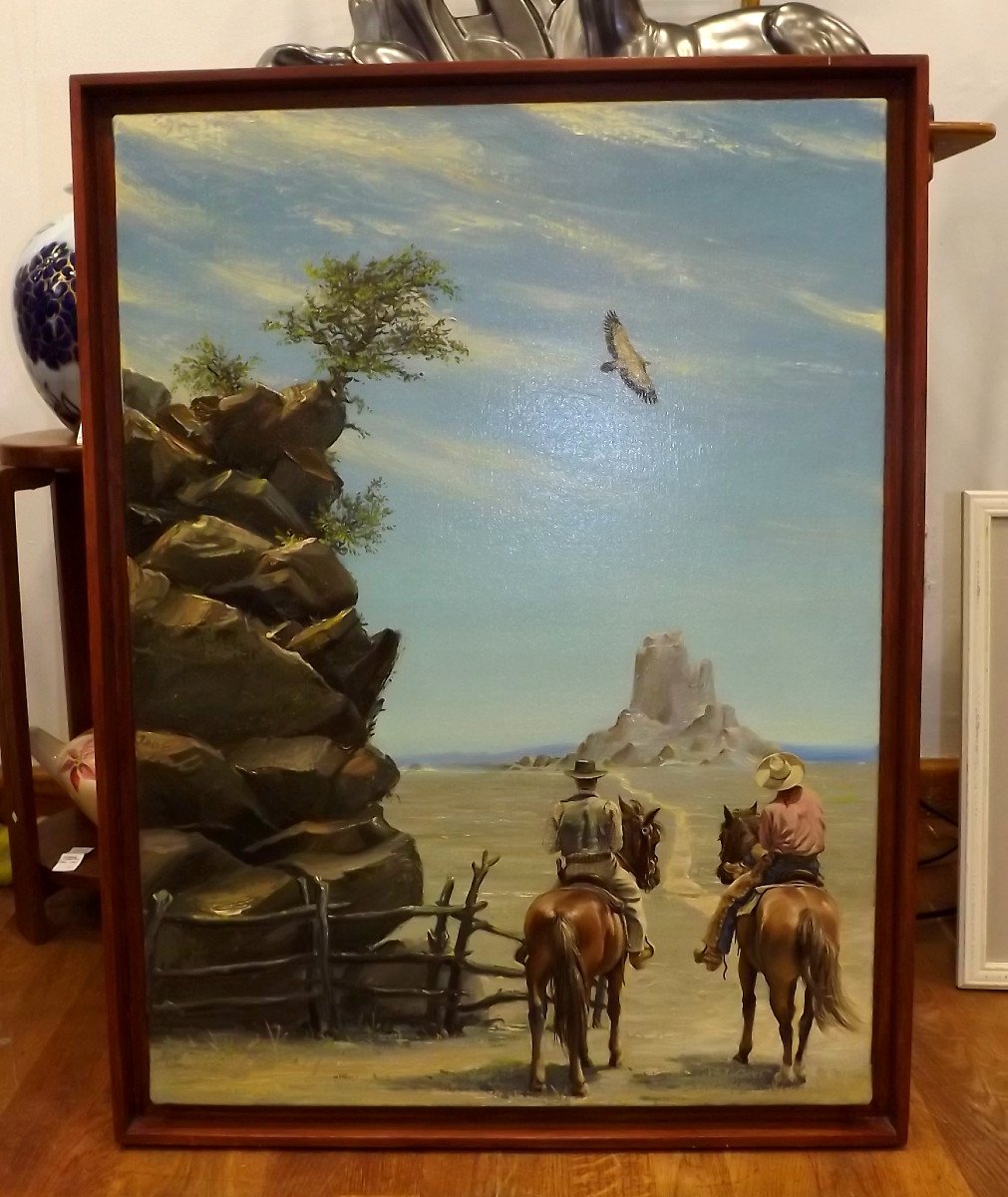 Oil On Canvas Painting By Bruno Schmeltz 2 Cowboys In The Arizona Desert-photo-1