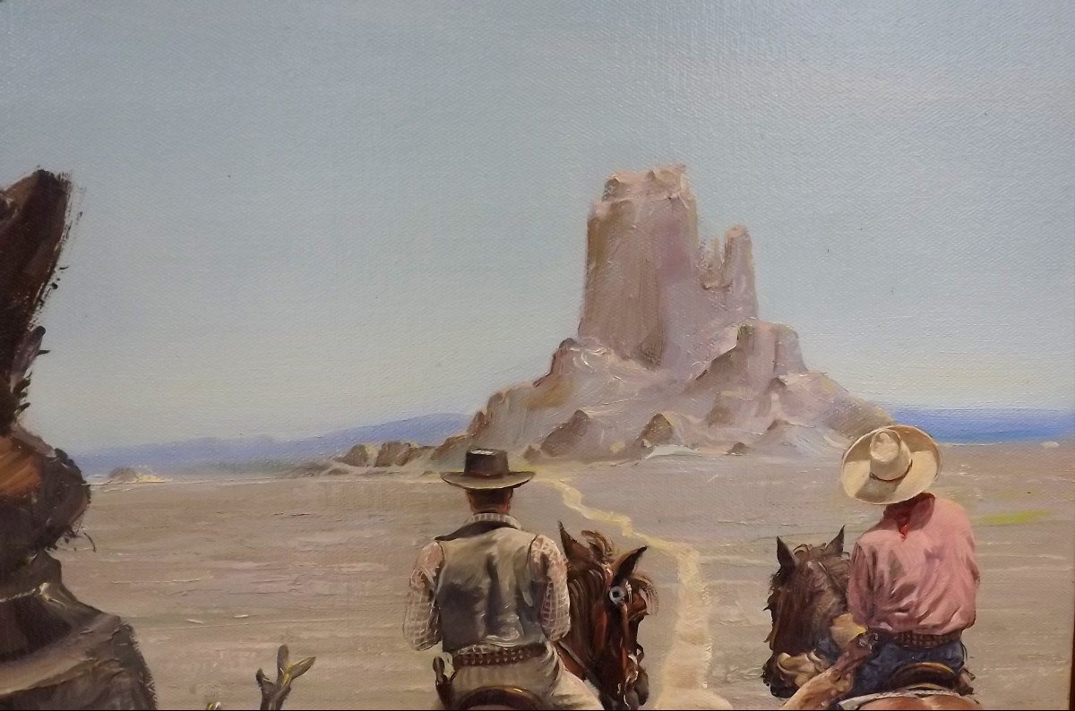 Oil On Canvas Painting By Bruno Schmeltz 2 Cowboys In The Arizona Desert-photo-3