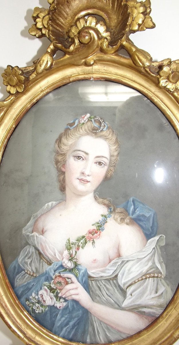 Gouache Painting On Vellum 18th Century Golden Wood Frame Marie Victoire De Noailles-photo-2