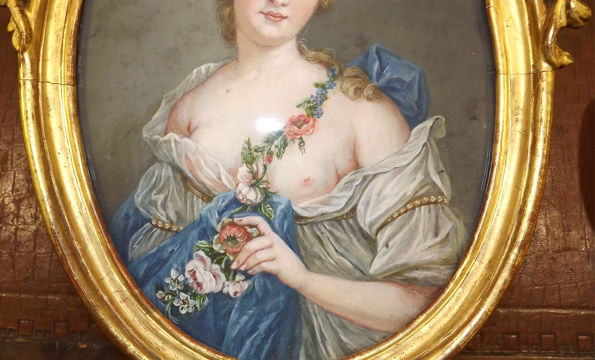 Gouache Painting On Vellum 18th Century Golden Wood Frame Marie Victoire De Noailles-photo-3