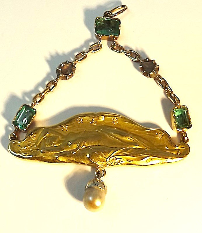 Art Nouveau Pendant In Gold And Precious Stones By Frédéric Vernon