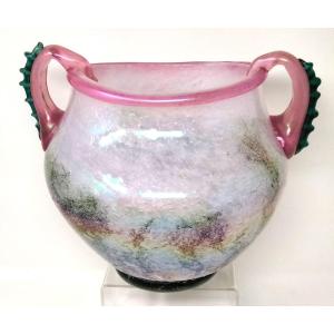 Vase  bullé, nacré,  deux anses, décor intercallaire Murano Style Ercole Barovier 