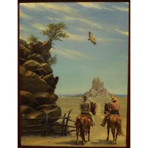 Oil On Canvas Painting By Bruno Schmeltz 2 Cowboys In The Arizona Desert