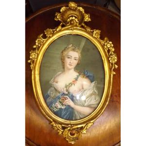 Gouache Painting On Vellum 18th Century Golden Wood Frame Marie Victoire De Noailles