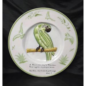 Grand Plat De Nevers Au Décor Du Perroquet Vert