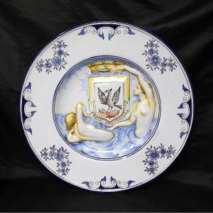 Large Nevers Earthenware Dish Decorated With Nymphs And Phoenix Coat Of Arms