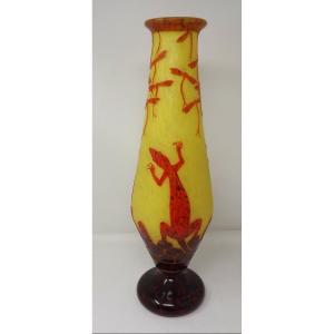 Vase Le Verre Français Schneider Charder "lézards Et Libellules"