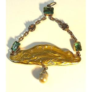 Art Nouveau Pendant In Gold And Precious Stones By Frédéric Vernon