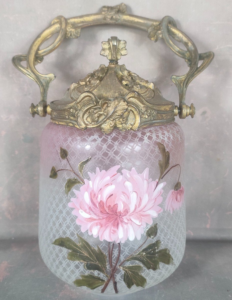 Enameled Biscuit Bucket With Dahlia Flower Gilt Bronze